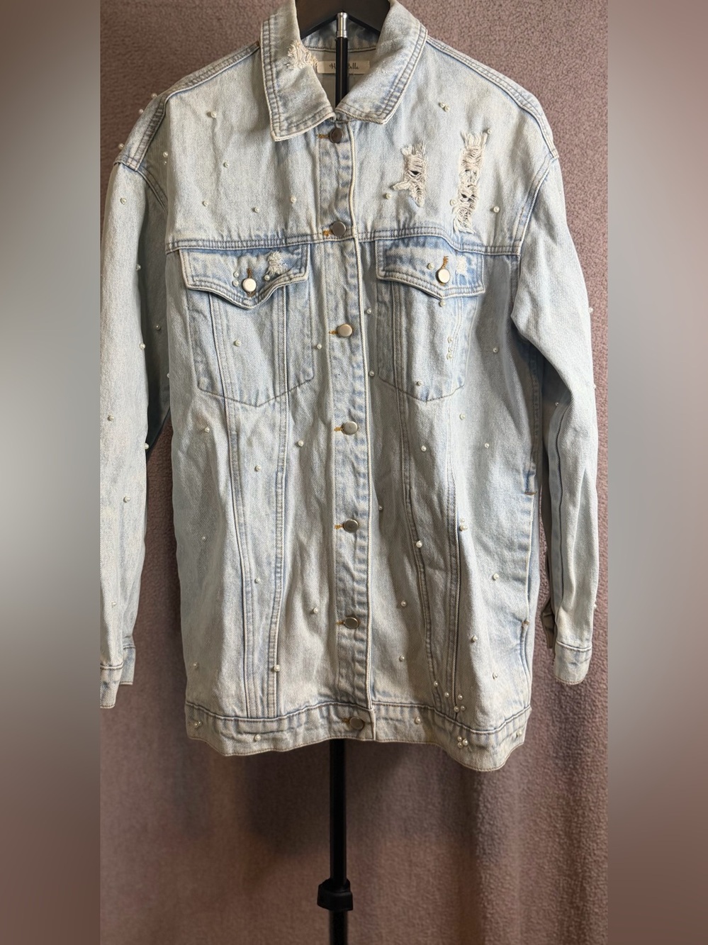 Honey Belle Pearl Embellished Distressed Denim Jacket Light Wash L